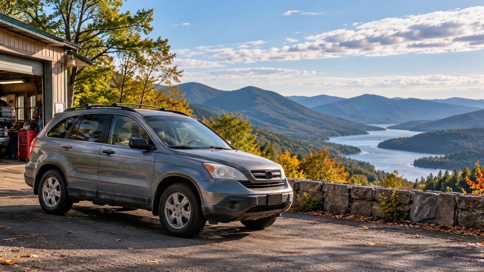 Older SUV parked near a mountain repair garage