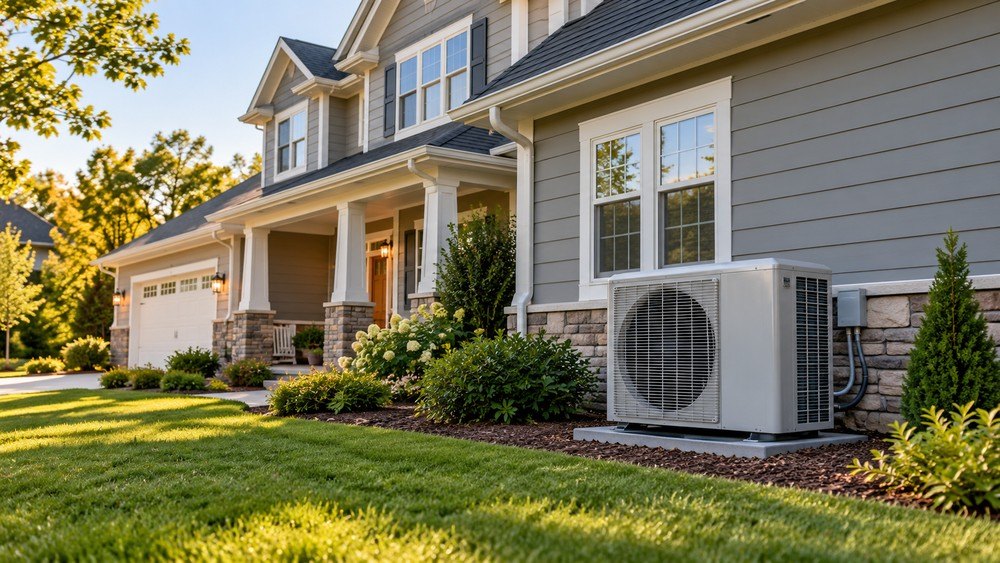 Outdoor heat pump beside a home